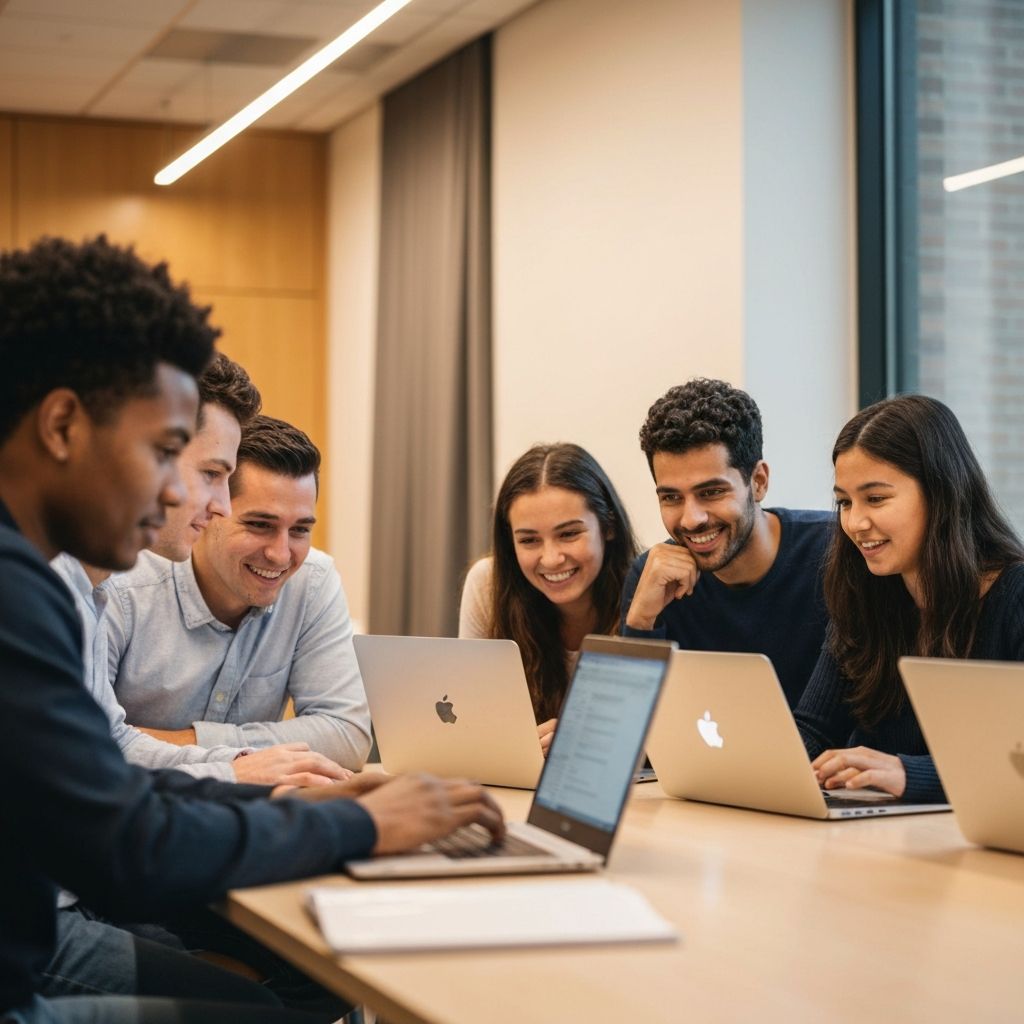 Students collaborating on laptops in a modern study space